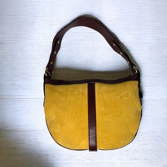 Burberry Suede & Leather Hobo Shoulder Bag Mustard Yellow Dark Brown 10"x8"x2" - Picture 5 of 13